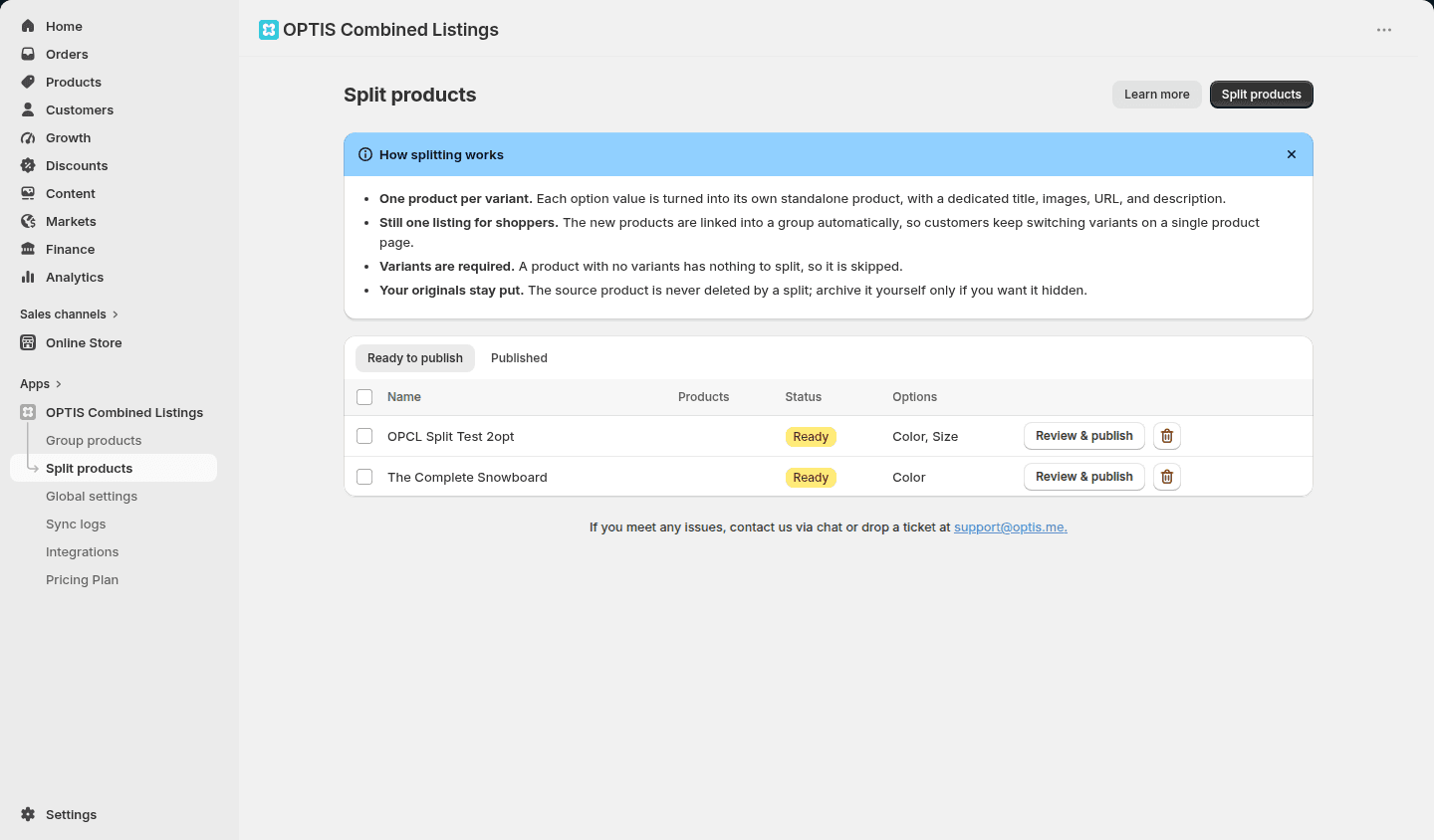 Split one multi-variant product into individual products