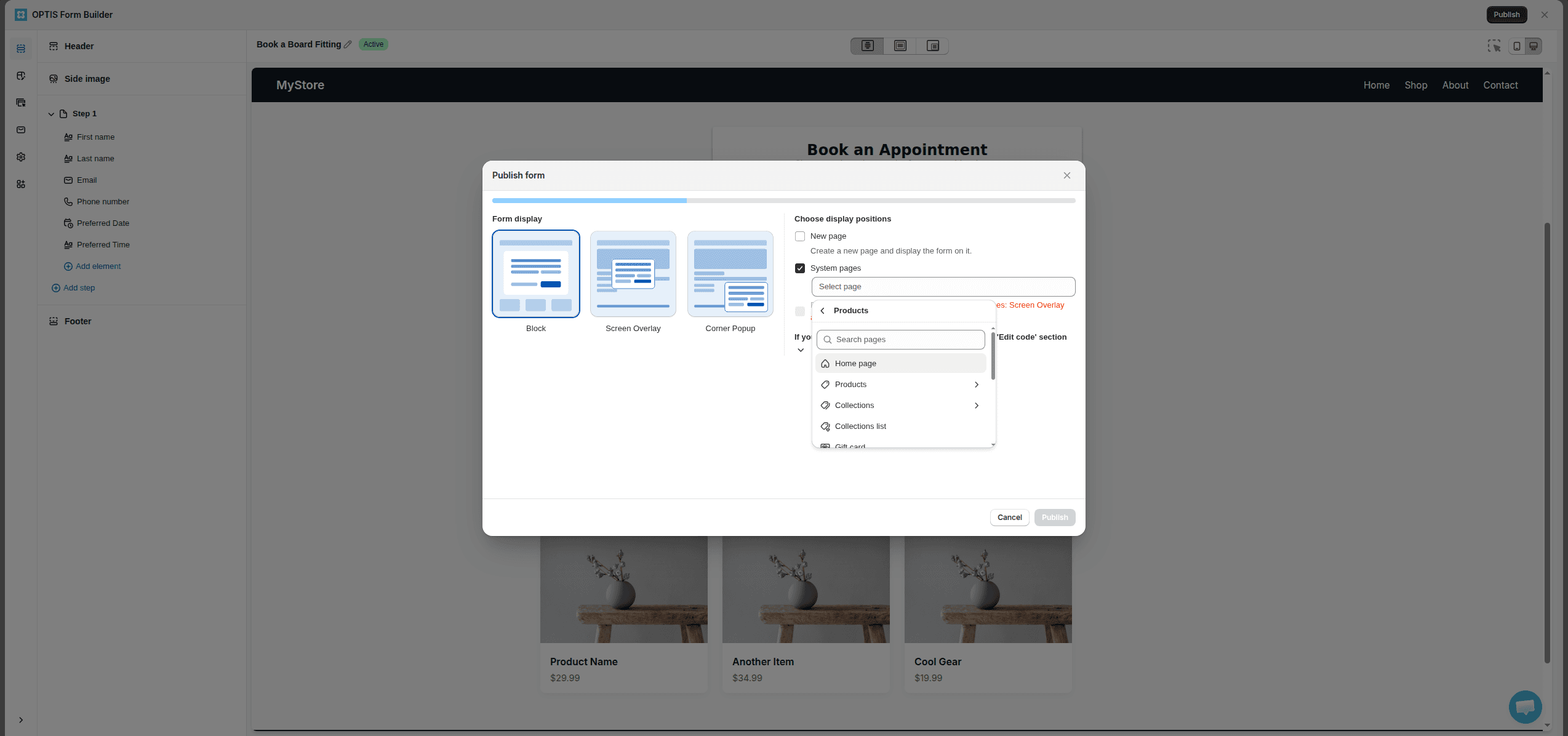 Publish form dialog showing the Block, Screen Overlay, and Corner Popup display types and a page picker