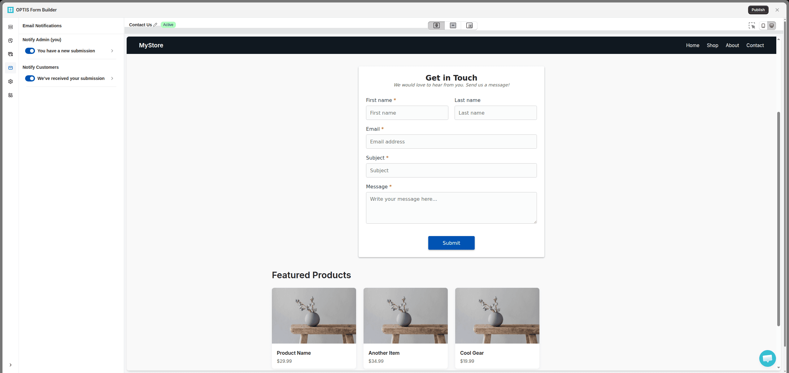Email notifications panel with Notify Admin and Notify Customers switches turned on for a contact form