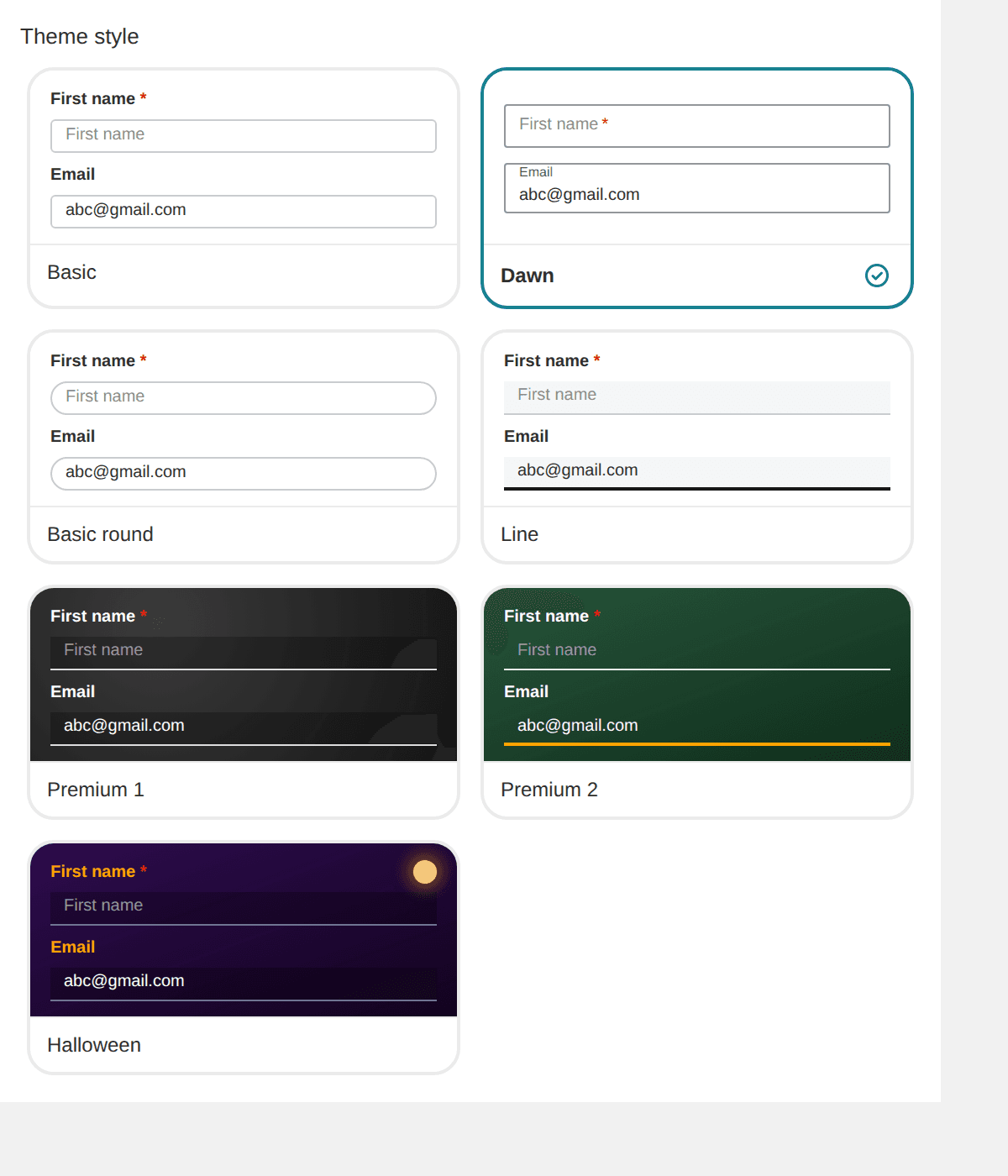 Theme style picker in OPTIS Contact Form Builder with Basic, Dawn, Basic round, Line, Premium, and Halloween form styles