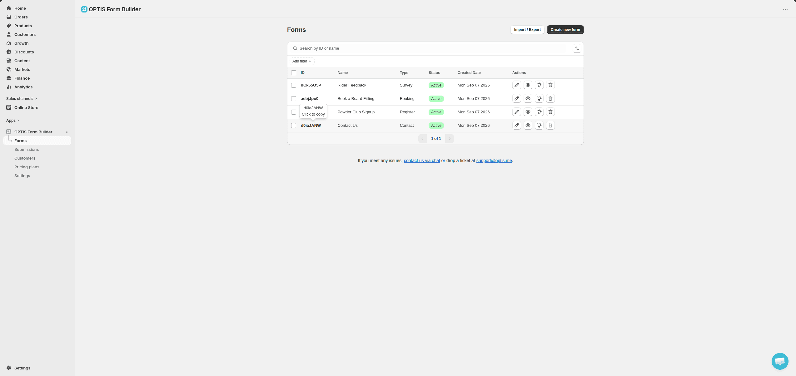 Forms list in OPTIS Contact Form Builder with contact, register, booking, and survey forms marked Active