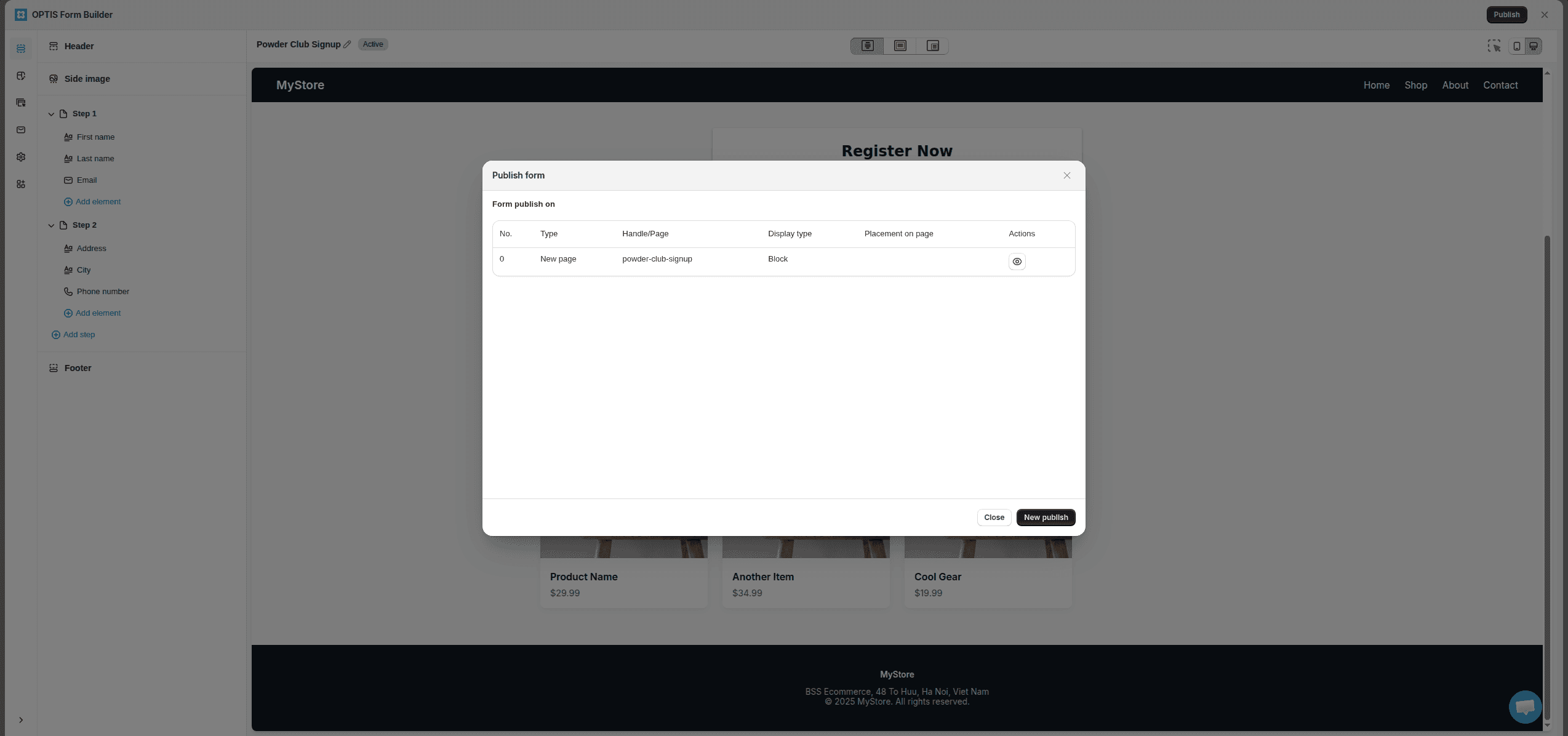 Form editor sidebar with a registration form split into Step 1 and Step 2, next to the publish form dialog