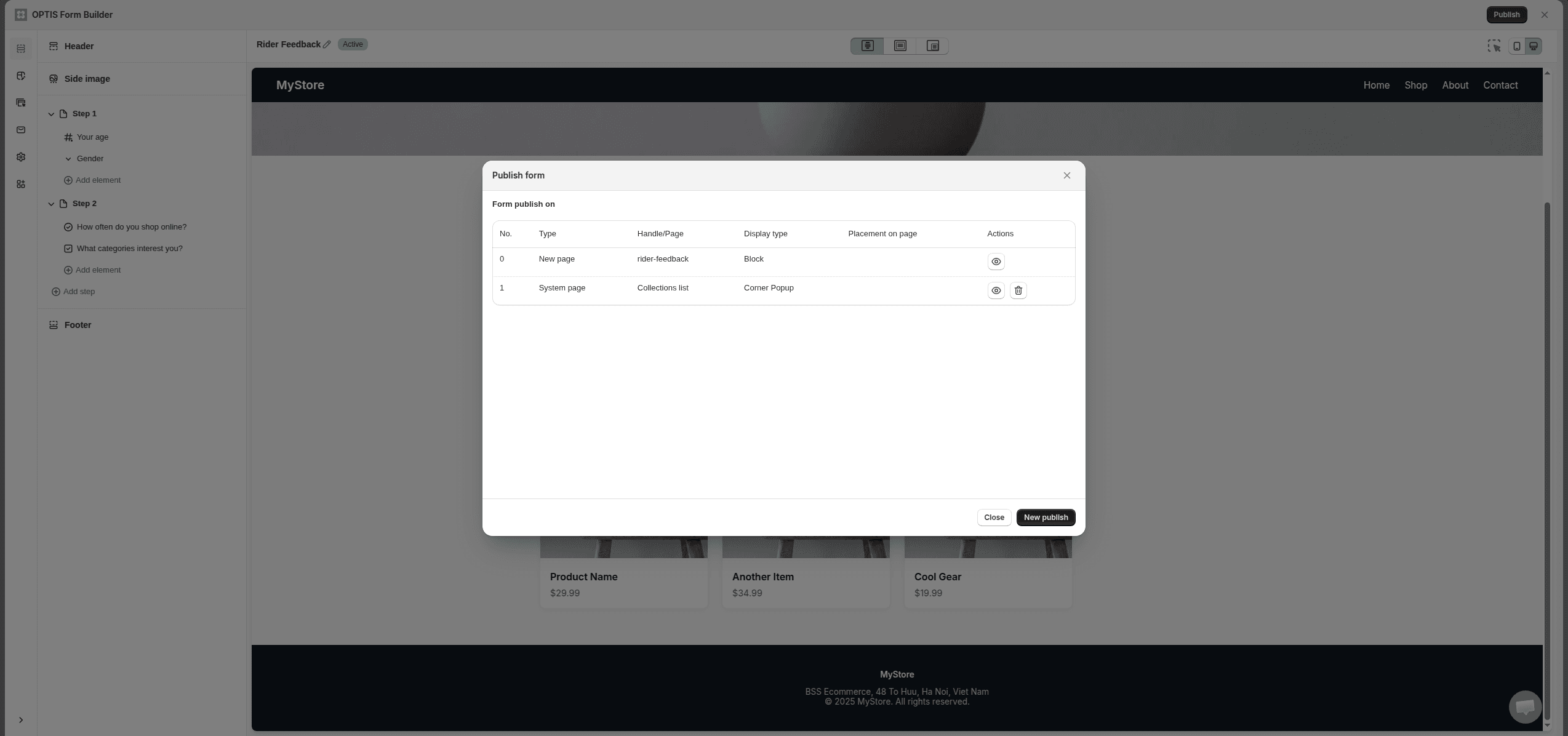 Publish form dialog listing one survey published as a block on a new page and as a corner popup on the collections list page