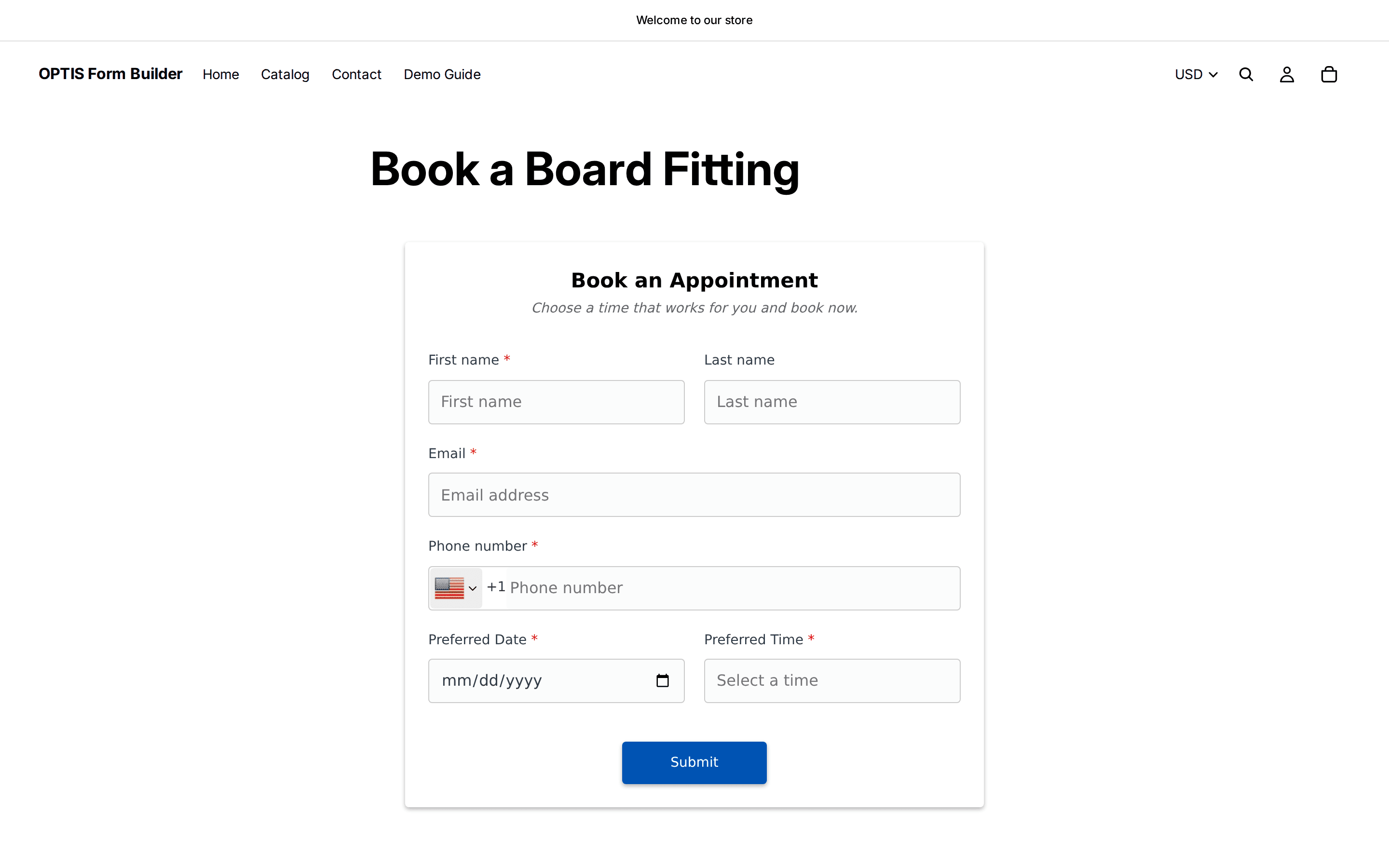 Book a Board Fitting page on a storefront with an appointment form asking for phone number, preferred date, and preferred time