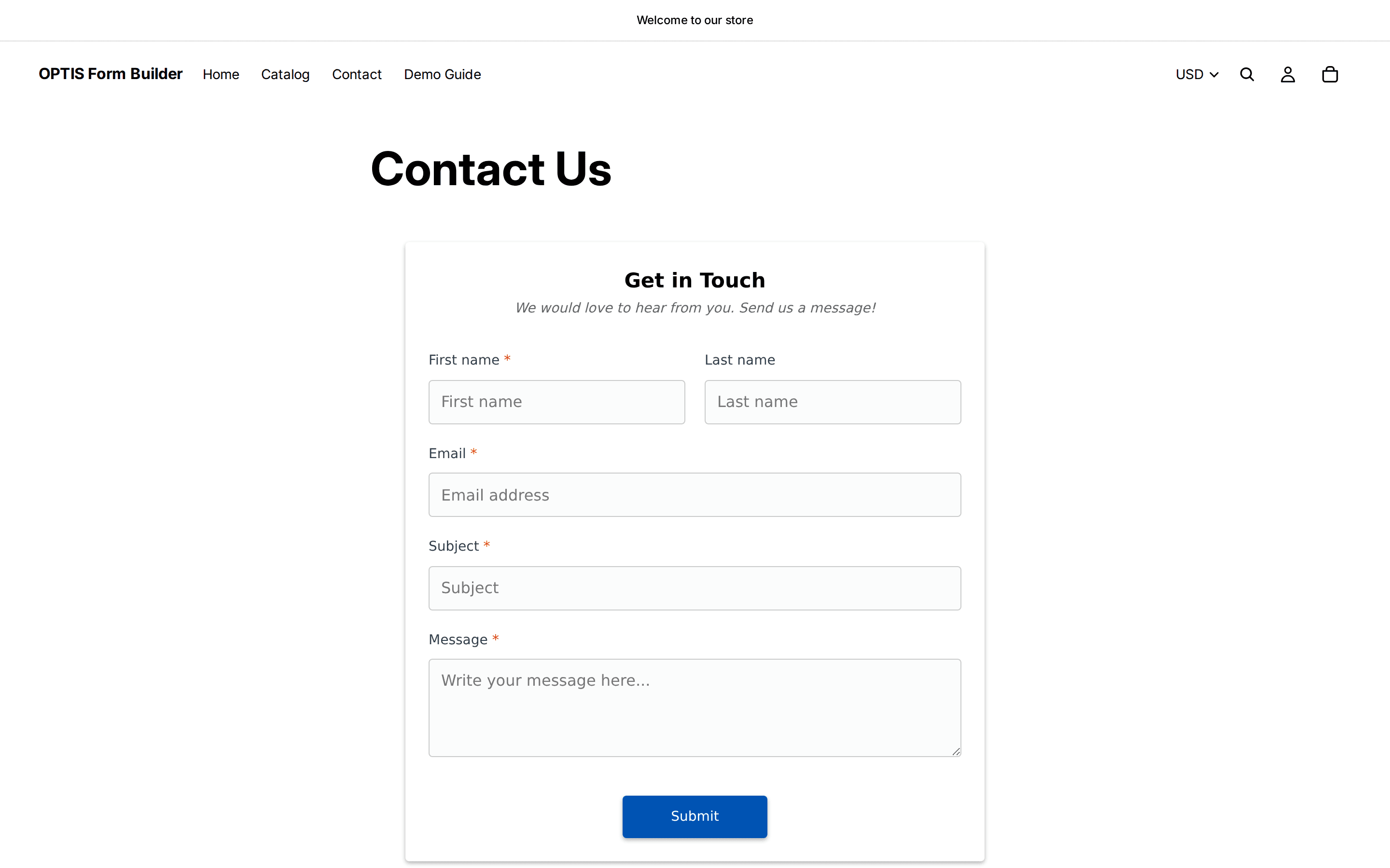 Contact Us page on a Shopify storefront showing a Get in Touch form with name, email, subject, and message fields