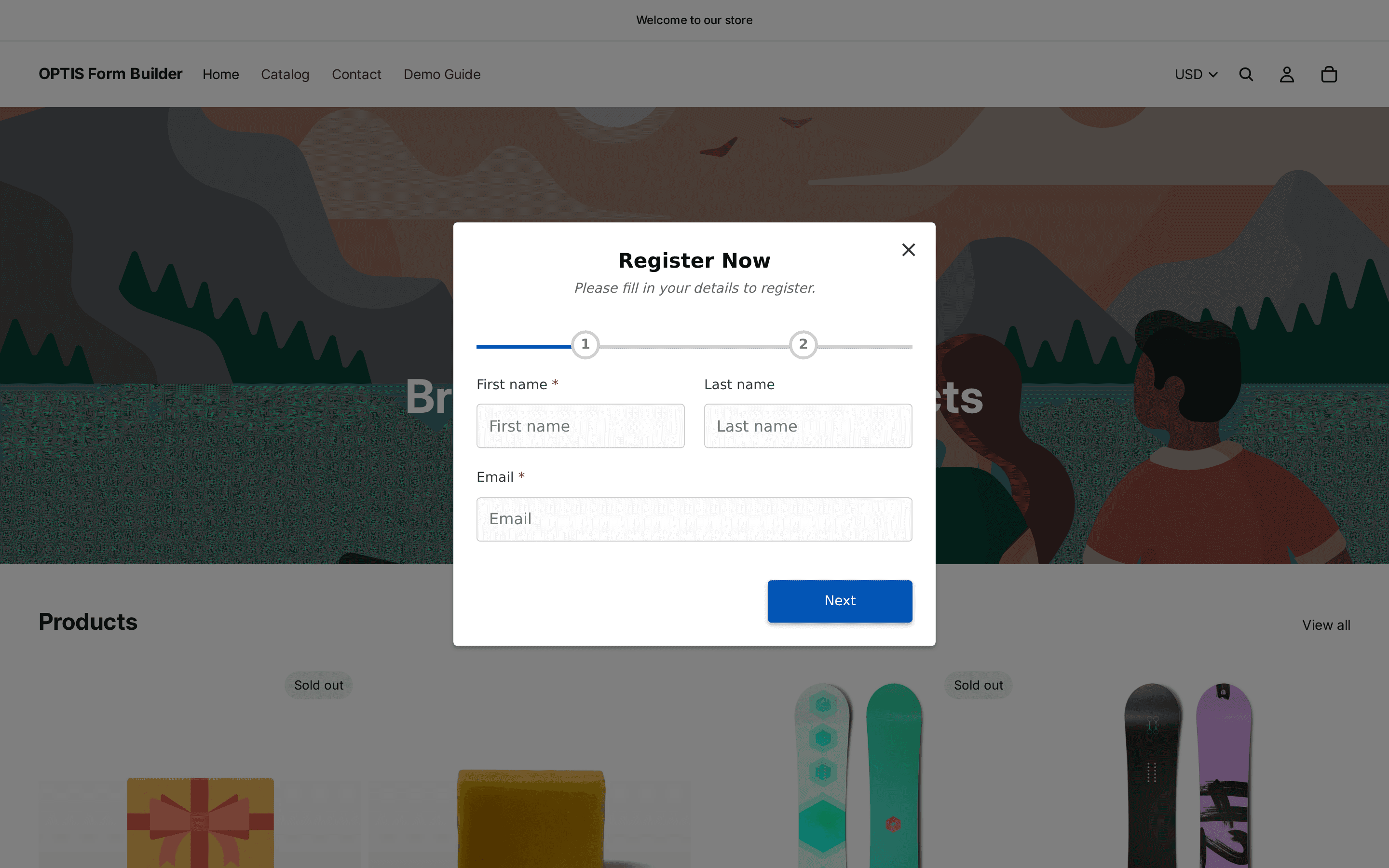 Storefront home page with a Register Now form opening as a screen overlay above the page content