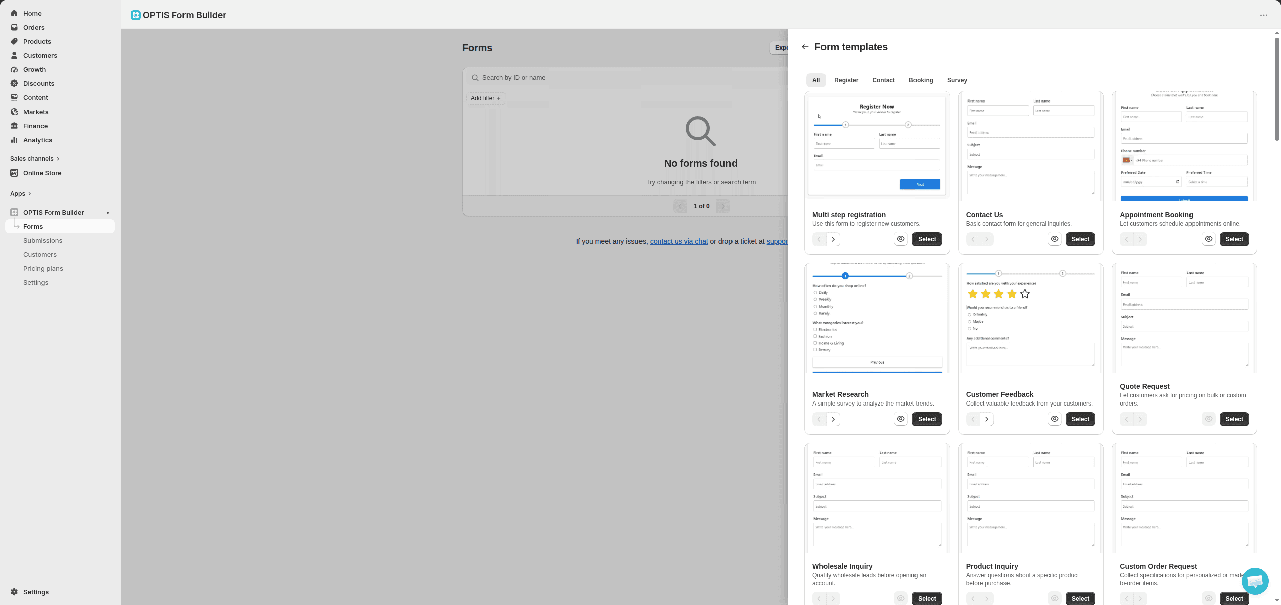 Form templates gallery in OPTIS Contact Form Builder with register, contact, booking, and survey templates