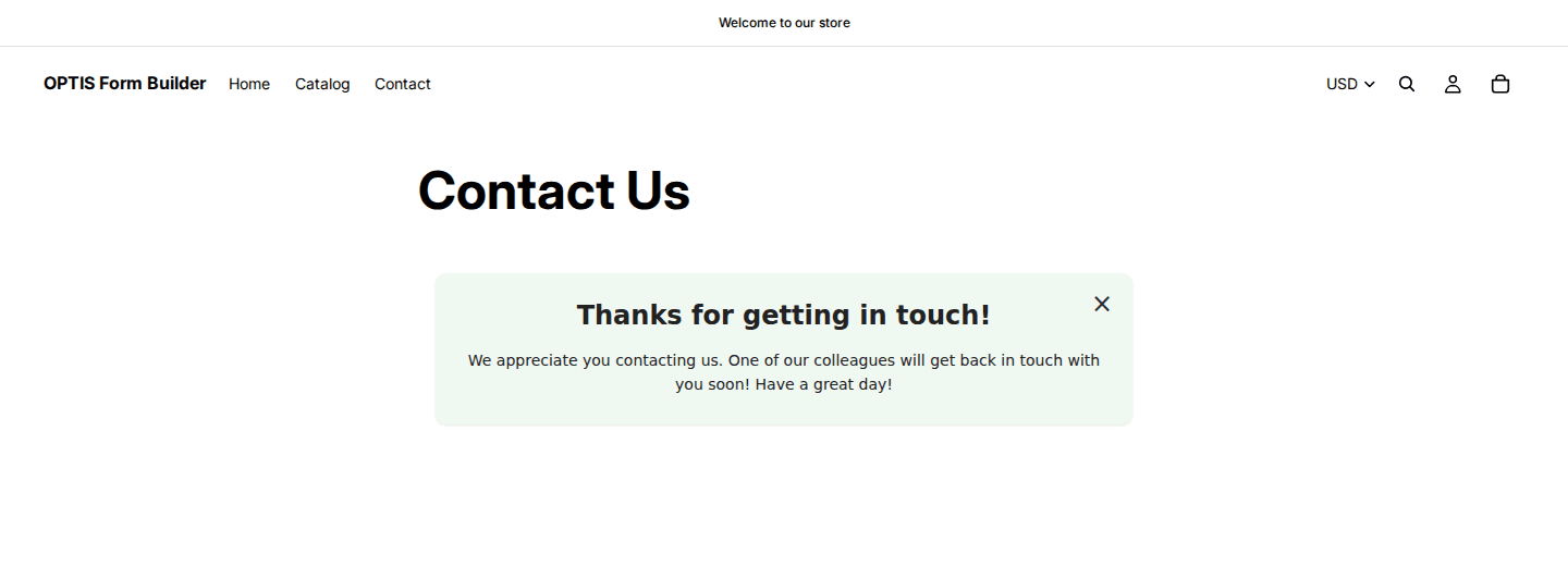 Storefront contact page showing a green Thanks for getting in touch confirmation message after a form submission