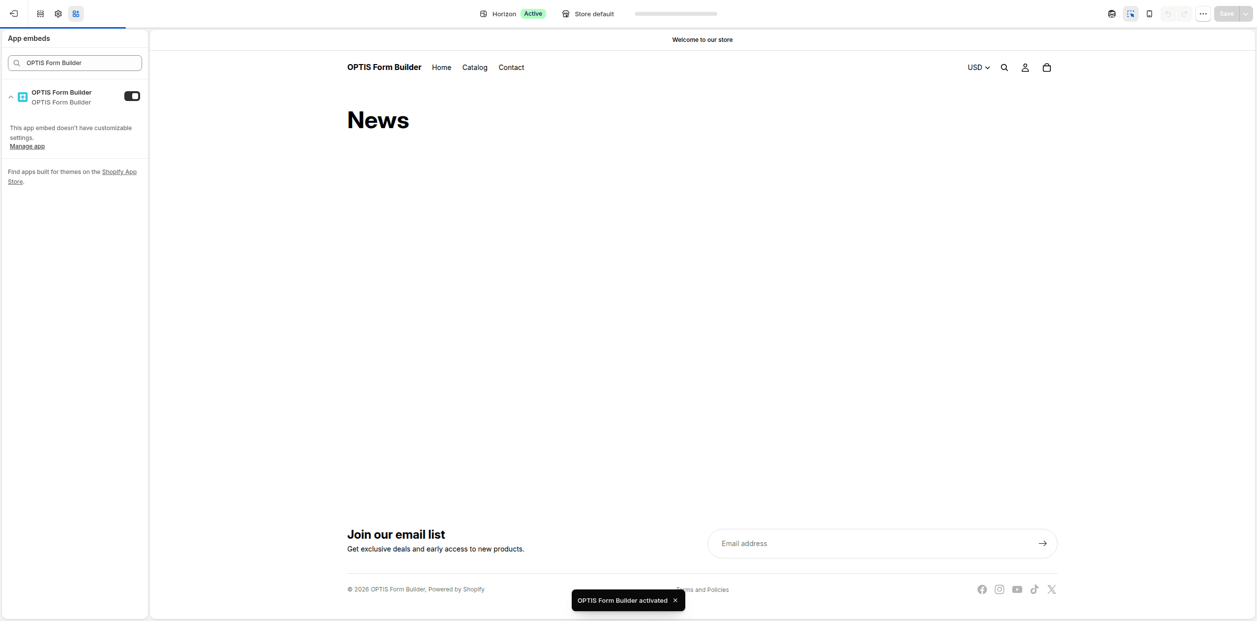 Shopify theme editor app embeds panel with the OPTIS Form Builder embed switched on