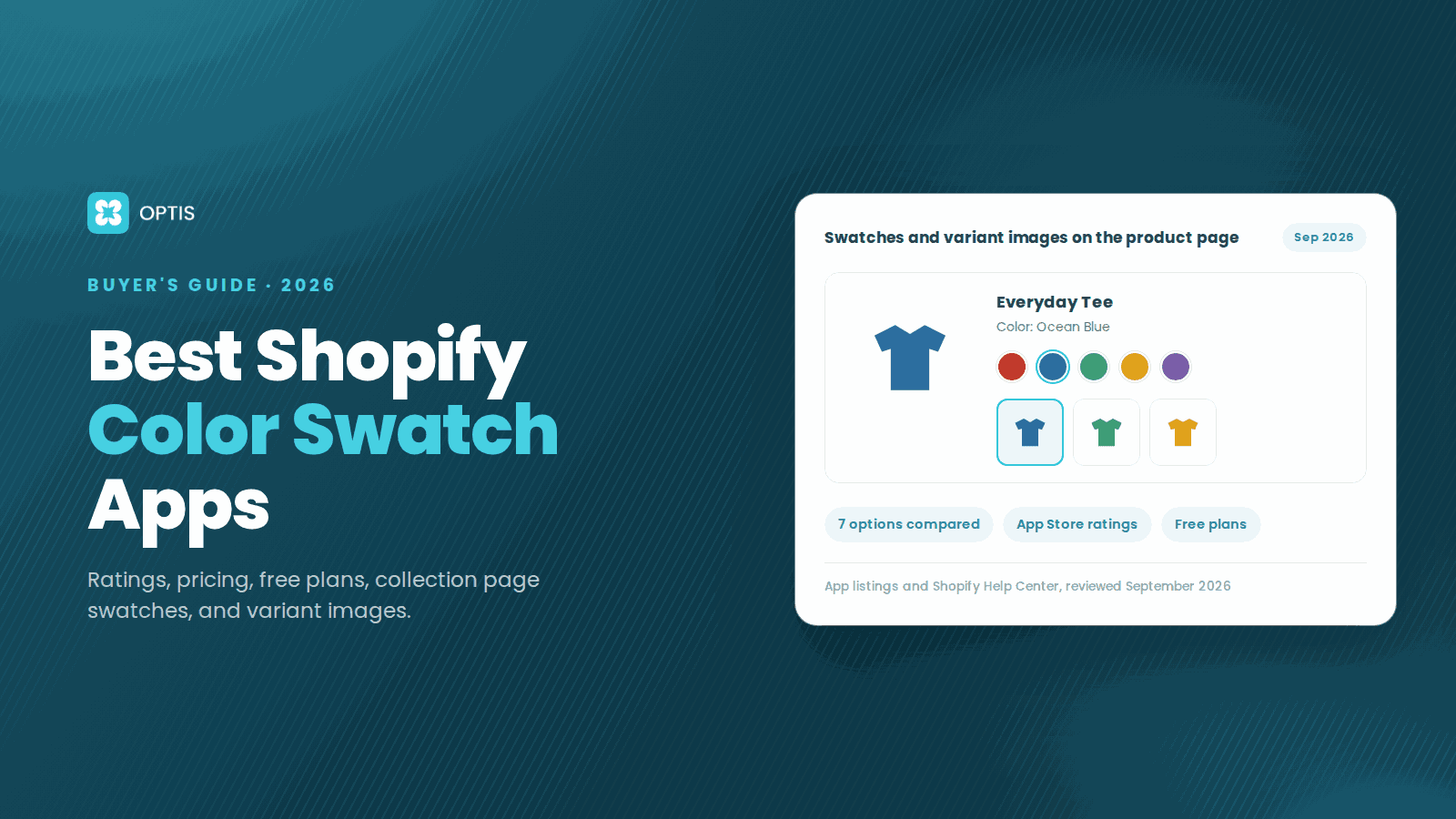 Dark teal OPTIS blog cover for the 2026 color swatch buyer's guide, showing a product card with five color swatches, the blue swatch selected, and variant image thumbnails below it