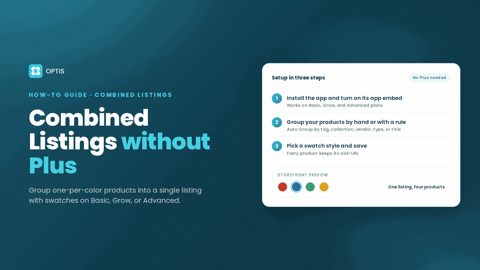 Dark teal OPTIS blog cover for combined listings without Shopify Plus, showing a three step setup card (install the app and turn on its app embed, group products by hand or with a rule, pick a swatch style and save) and a storefront preview with four color swatches