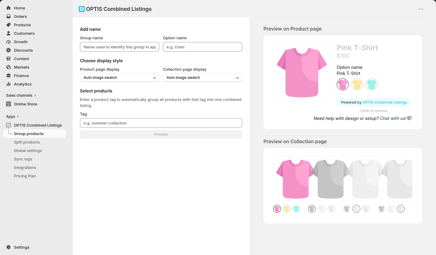 OPTIS Combined Listings admin: an Auto Group rule with a preview of product and collection page swatches