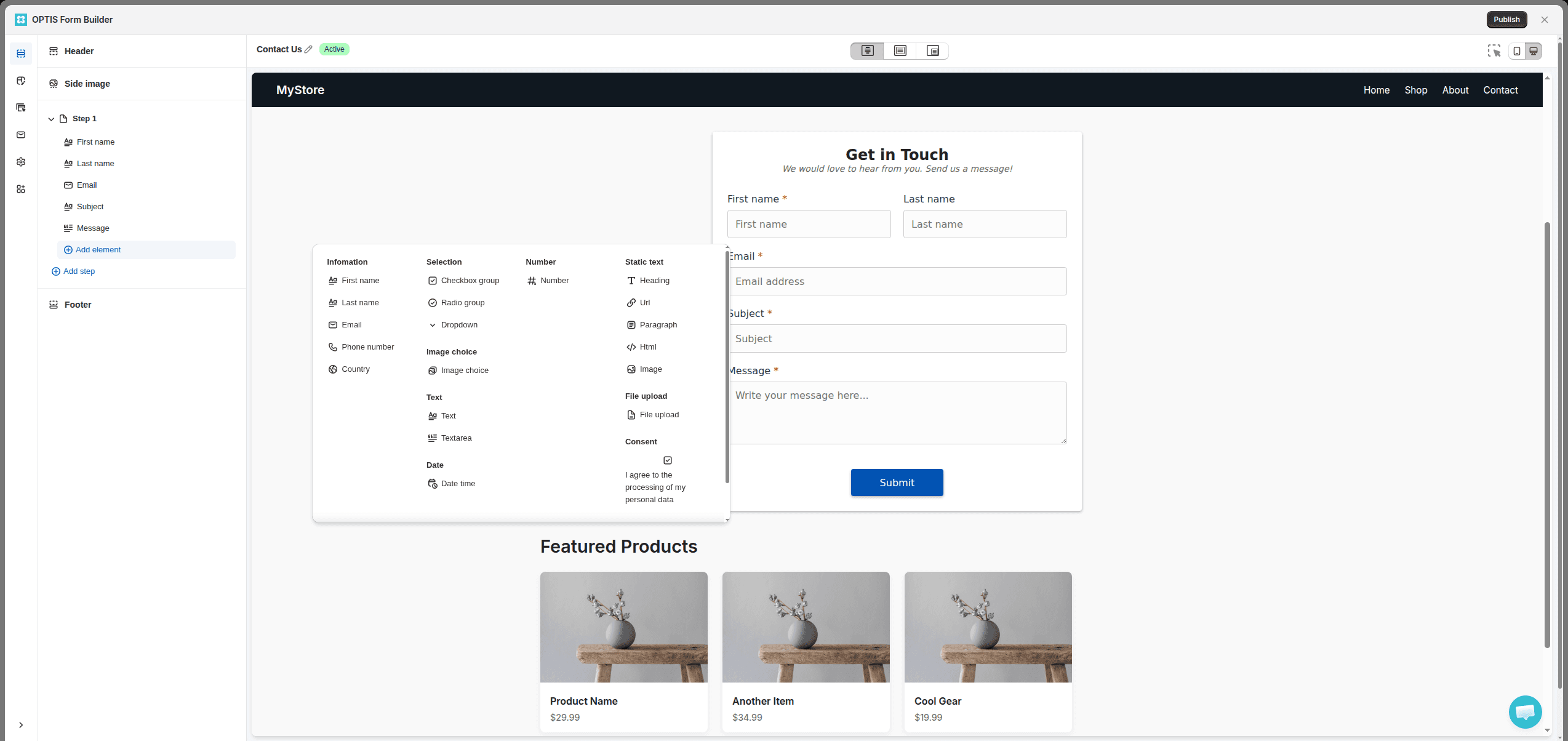 OPTIS Contact Form Builder editor: a Contact Us form with the add element panel open